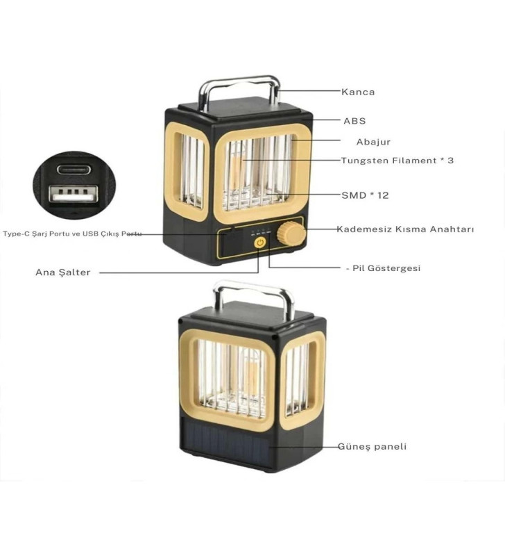 Ampul Solar Şarj Edilebilir 12 Led 1 Rustikli Led Kamp Lambası ( Lisinya )
