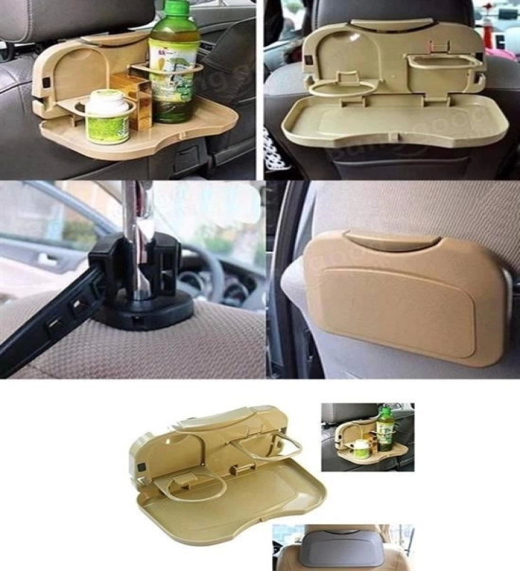 Araç İçi Koltuk Arkası Katlanabilir Bardak Tutuculu Bej Tepsi ( Lisinya )