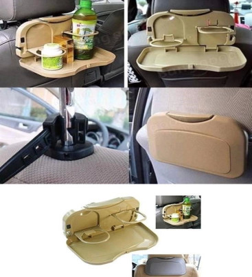 Araç İçi Koltuk Arkası Katlanabilir Bardak Tutuculu Bej Tepsi ( Lisinya )