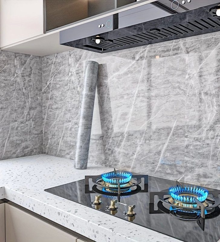 Mermer Desenli Mutfak Duvar Kağıdı Sticker - 5mx60cm Su Geçirmez, Yağa Dayanıklı, Yüksek Sıcaklığa Dayanıklı Tezgah, Dolap, Ocak