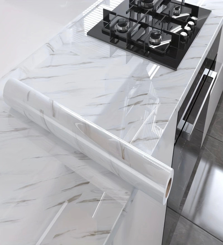 Mermer Desenli Mutfak Duvar Kağıdı Sticker - 5mx60cm Su Geçirmez, Yağa Dayanıklı, Yüksek Sıcaklığa Dayanıklı Tezgah, Dolap, Ocak