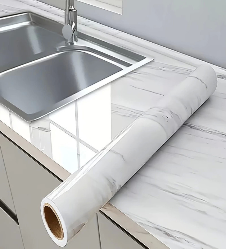 Mermer Desenli Mutfak Duvar Kağıdı Sticker - 5m x 60cm: Su ve Yağa Dayanıklı, Yüksek Sıcaklık Esnekliğine Sahip Tezgah, Dolap, O
