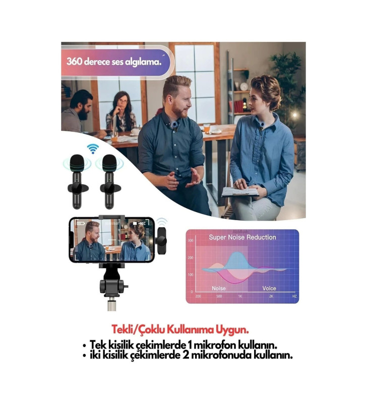 Type-C Çiftli Kablosuz Yaka Mikrofonu Seti - YouTube, TikTok, Vlog ve Canlı Yayınlar İçin Telefon Uyumlu Çift Mikrofon ( Lisinya
