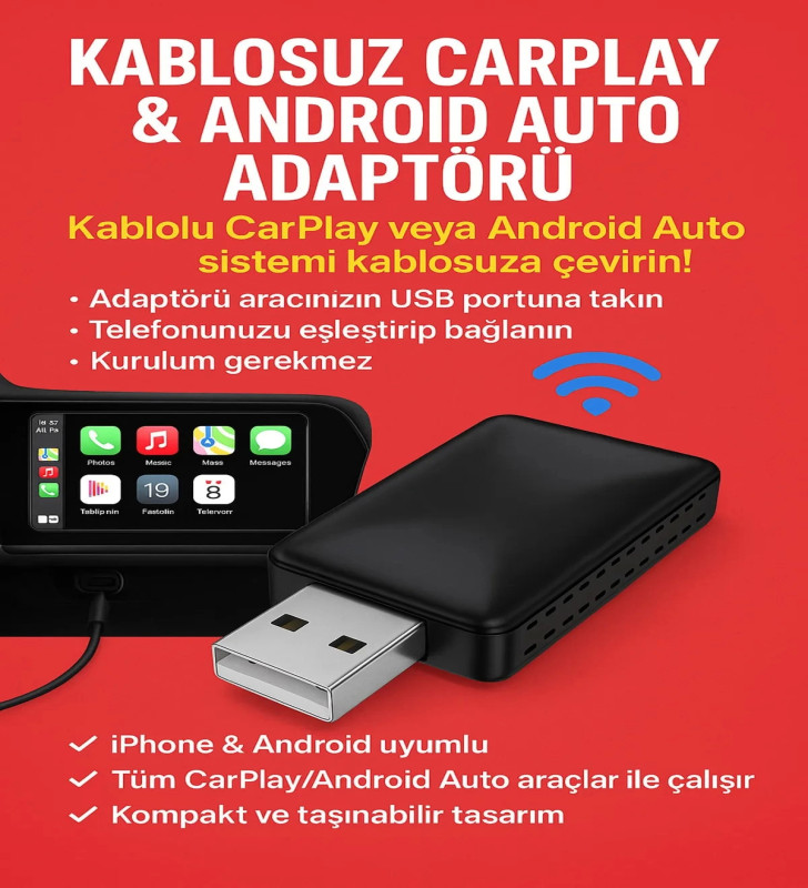 Kablosuz CarPlay & Android Auto Adaptörü - Apple ve Android Cihazlar İçin Evrensel Wireless Carplay Çevirici ( Lisinya )