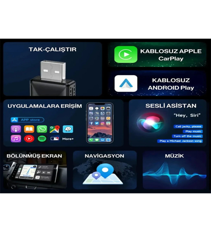 Kablosuz CarPlay & Android Auto Adaptörü - Apple ve Android Cihazlar İçin Evrensel Wireless Carplay Çevirici ( Lisinya )