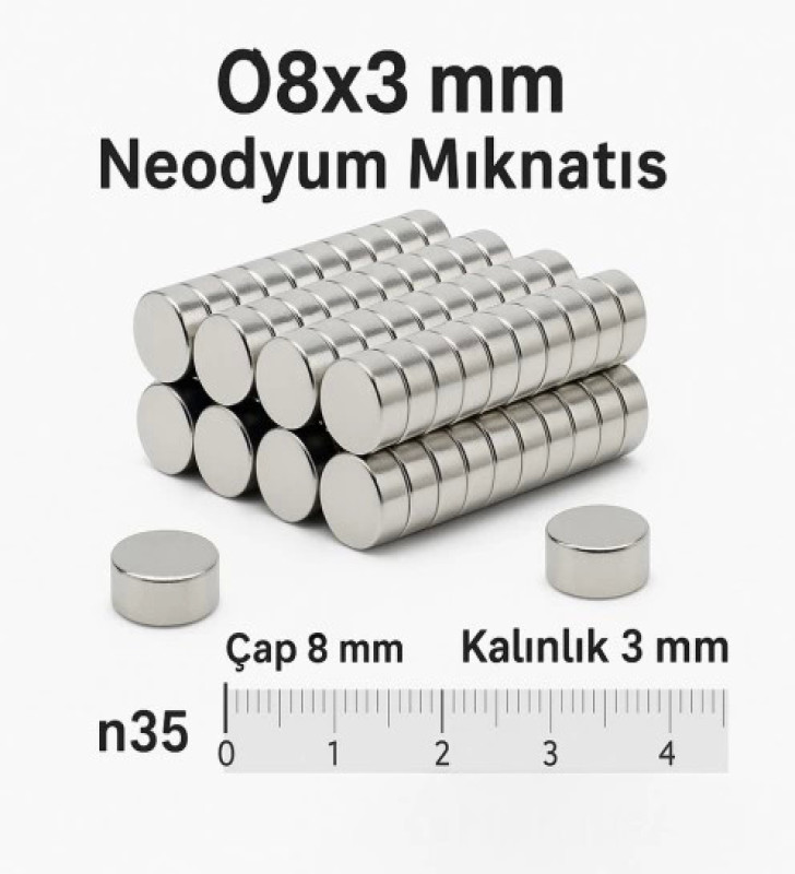 5 Adet 8x3mm Yuvarlak Neodyum Mıknatıs Güçlü Nikel Kaplamalı Kaliteli Dayanıklı Magnet ( Lisinya )