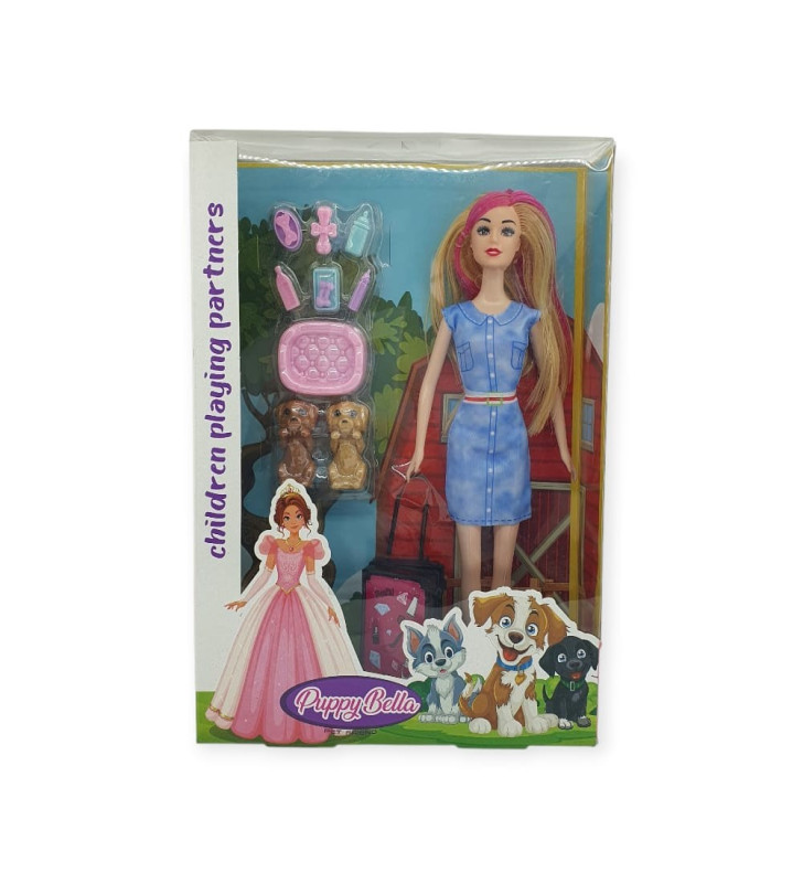 Puppy Bella 30 cm Bebek ve Köpek Bakım Seti - Mavi Elbise (Lisinya)