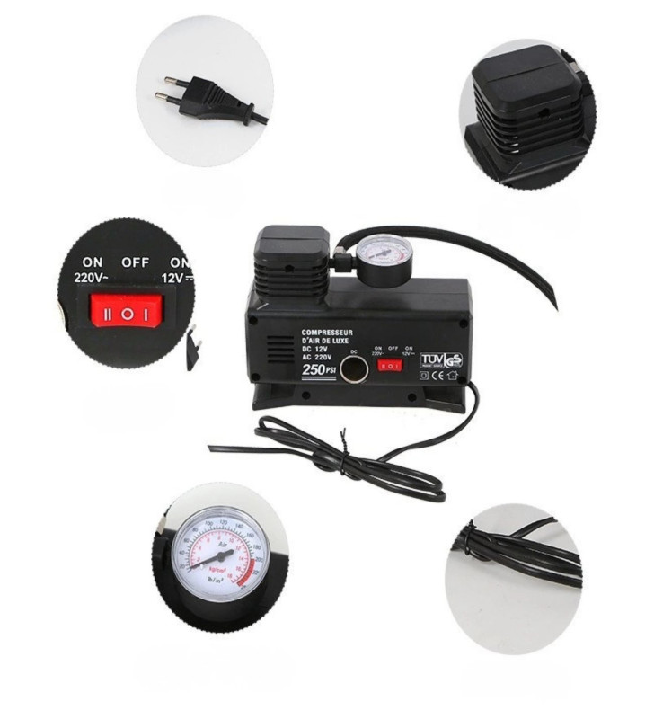 220 Volt-12 Volt 250 Psi Psi Kompresör Lastik Hava Şişirme Oto Pompası Fişli Çakmaklıklı ( Lisinya )
