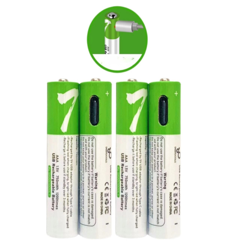 Usb Type-C ile Şarjolabilen 4 Adet AAA 1.5V Lityum Şarjlı Kalem Pil 750 mAH Uzun Ömürlü ( Lisinya )