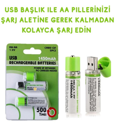 Usb ile Şarj Olabilen 2 li 1450 mah Lityum Şarjlı Kalem Pil ( Lisinya )