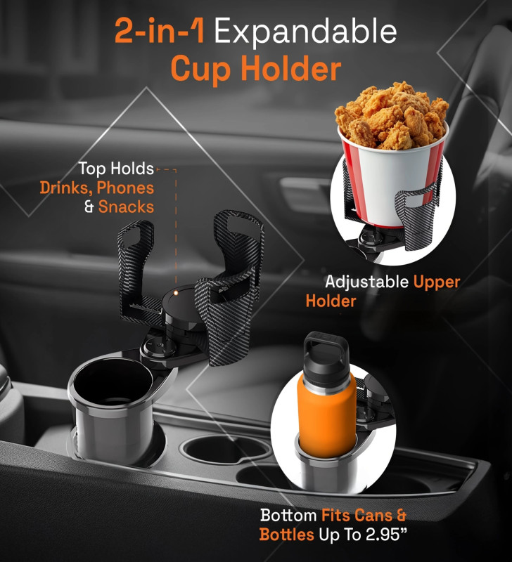 2’si 1 Arada Ayarlanabilir Araç Bardak Tutucu, Genişleyebilir Üst Kısım 3”-6.2”, Şişe Adaptörü, Araba Organizatörü, Dayanıklı Ta