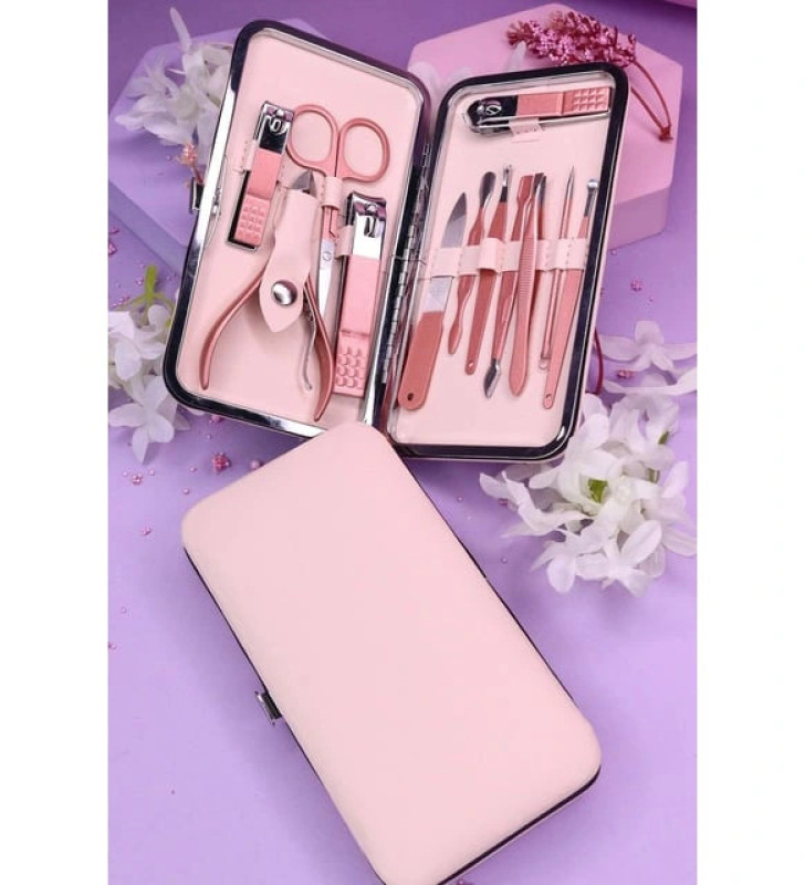 Profesyonel Çantalı Tırnak Bakım Manikür Seti Pembe Renk 12 Parça ( Lisinya )