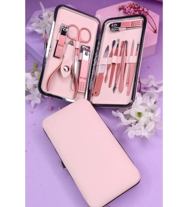 Profesyonel Çantalı Tırnak Bakım Manikür Seti Pembe Renk 12 Parça ( Lisinya )