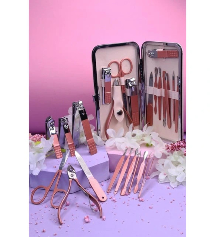 Profesyonel Çantalı Tırnak Bakım Manikür Seti Pembe Renk 12 Parça ( Lisinya )