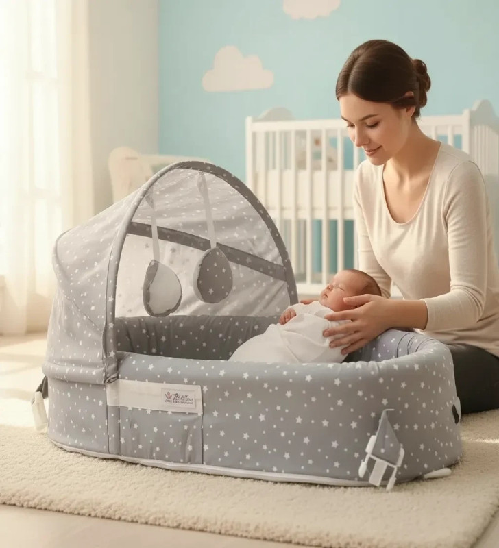 Taşınabilir Portatif Bebek Yatağı,Sırt Çantasına Dönüşebilen Portatif Bebek Beşiği (Gri) ( Lisinya )