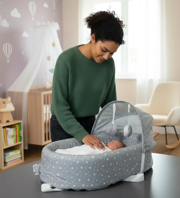 Taşınabilir Portatif Bebek Yatağı,Sırt Çantasına Dönüşebilen Portatif Bebek Beşiği (Gri) ( Lisinya )