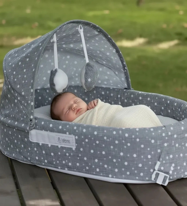 Taşınabilir Portatif Bebek Yatağı,Sırt Çantasına Dönüşebilen Portatif Bebek Beşiği (Gri) ( Lisinya )