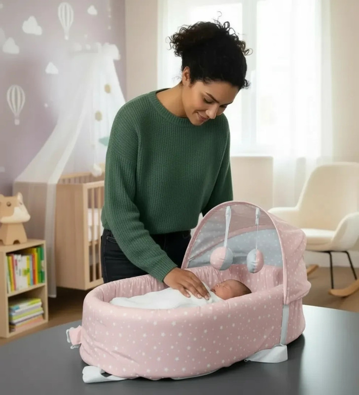 Taşınabilir Portatif Bebek Yatağı,Sırt Çantasına Dönüşebilen Portatif Bebek Beşiği (Pembe) ( Lisinya )