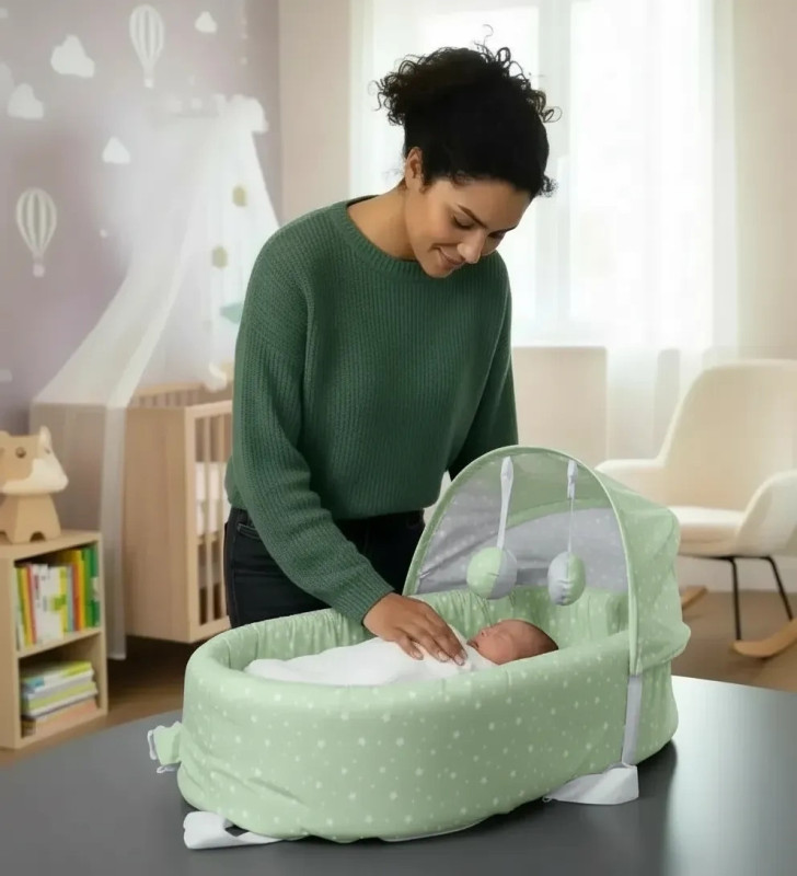 Taşınabilir Portatif Bebek Yatağı,Sırt Çantasına Dönüşebilen Portatif Bebek Beşiği (Yeşil) ( Lisinya )