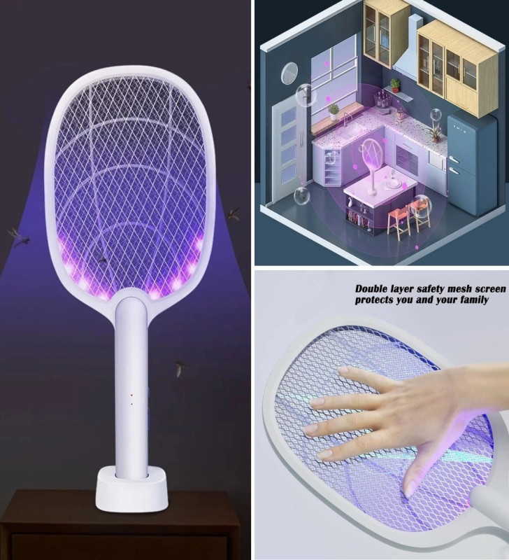 Şarjlı Sinek Öldürücü Masaüstü Standlı,mor Işık Sinek Kovucu Raket 5w ( Lisinya )