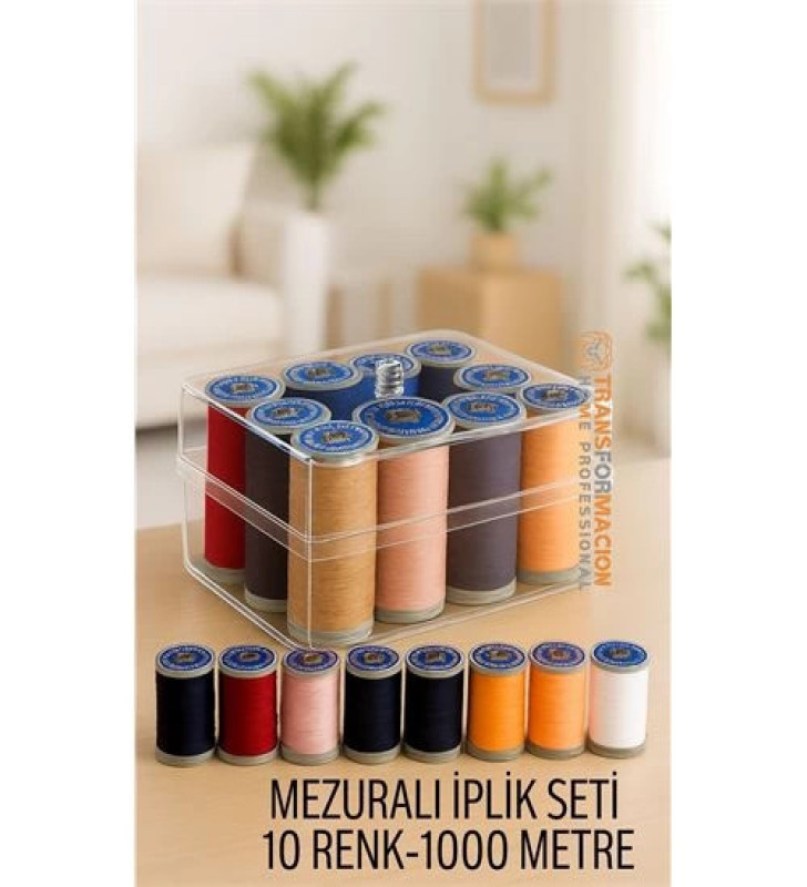 Dikiş İpliği Seti - 10 Renk 1000 Mt Kutulu Mezuralı Dikiş Seti ( Lisinya )