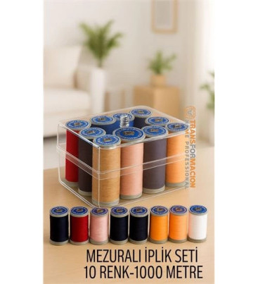 Dikiş İpliği Seti - 10 Renk 1000 Mt Kutulu Mezuralı Dikiş Seti ( Lisinya )