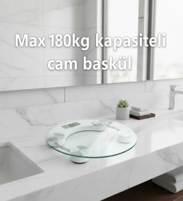 Yuvarlak Şeffaf Dijital Cam Baskül Tartı – 180 Kg Taşıma Kapasitesi, Hassas Ölçüm, Şık Tasarım Terazi ( Lisinya )