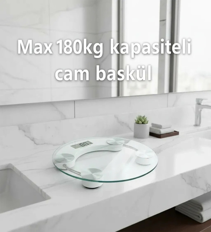 Yuvarlak Şeffaf Dijital Cam Baskül Tartı – 180 Kg Taşıma Kapasitesi, Hassas Ölçüm, Şık Tasarım Terazi ( Lisinya )