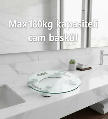 Yuvarlak Şeffaf Dijital Cam Baskül Tartı – 180 Kg Taşıma Kapasitesi, Hassas Ölçüm, Şık Tasarım Terazi ( Lisinya )