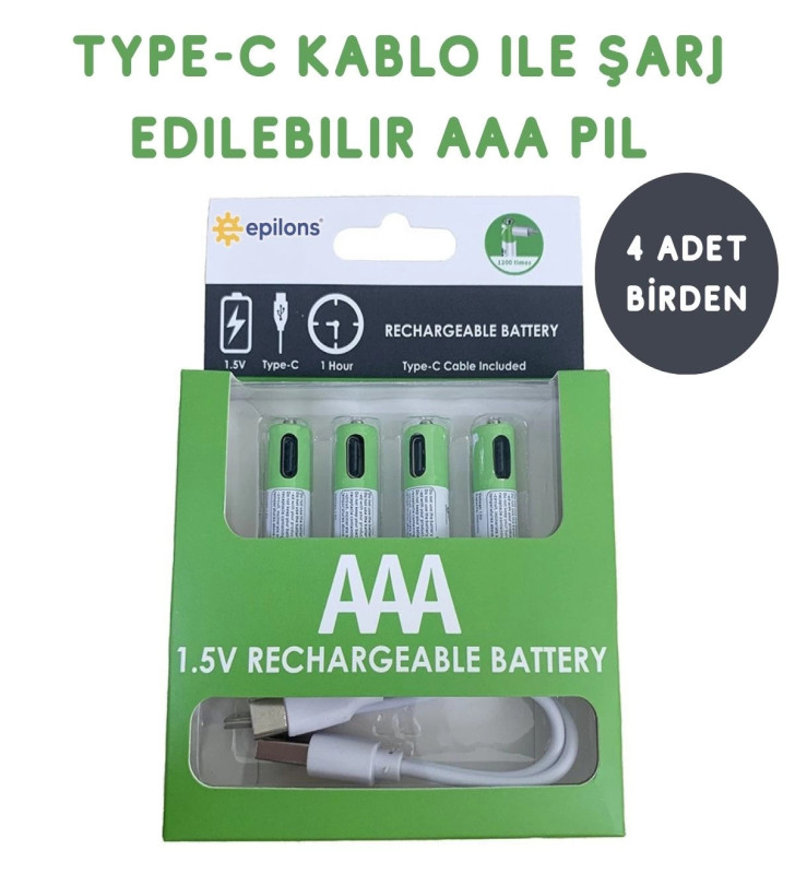 Type-C ile Şarjolabilen 4 lü AAA 1.5V Lityum İnce Şarjlı Kalem Pil 750 mAH Uzun Ömürlü ( Lisinya )
