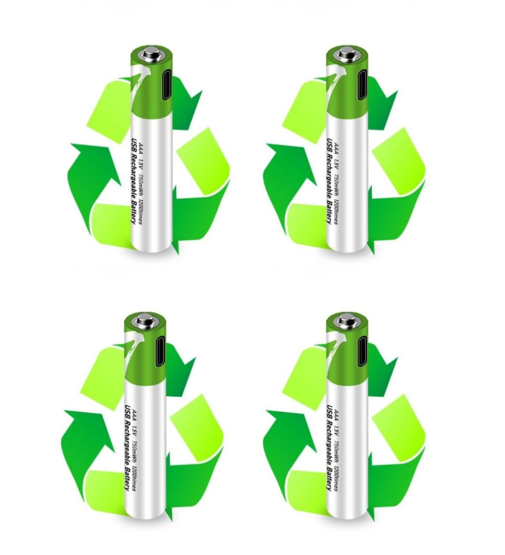 Type-C ile Şarjolabilen 4 lü AAA 1.5V Lityum İnce Şarjlı Kalem Pil 750 mAH Uzun Ömürlü ( Lisinya )