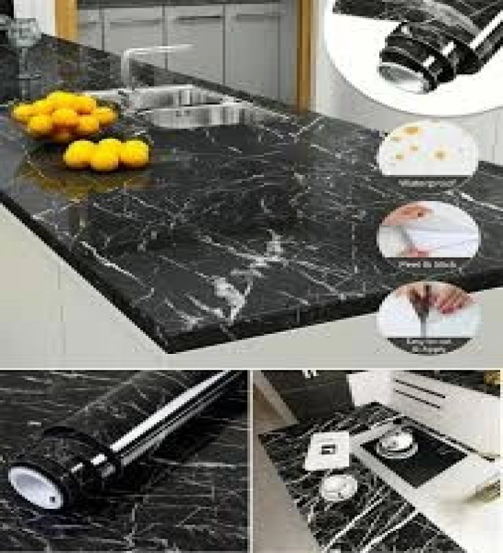 Siyah Mermer Desenli Yapışkanlı Tezgah Folyosu (3 Mt.x 60 Cm) - Lisinya