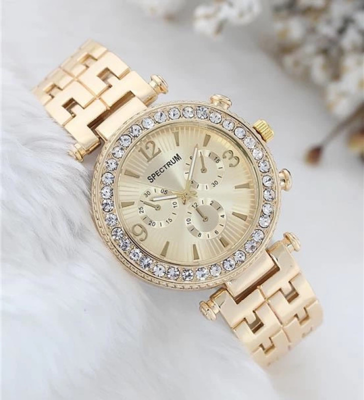 Zarif ve Şık Özel Tasarım Zirkon Taşlı Metal Bayan Kol Saati (gold)