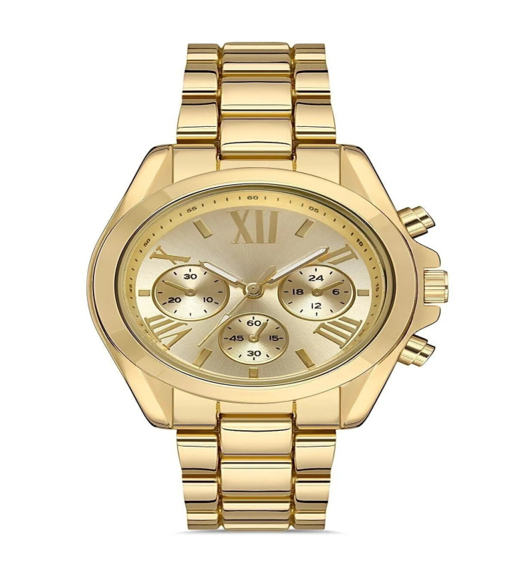 Zarif ve Şık Özel Tasarım Roma Rakam Detaylı Metal Bayan Kol Saati (gold)