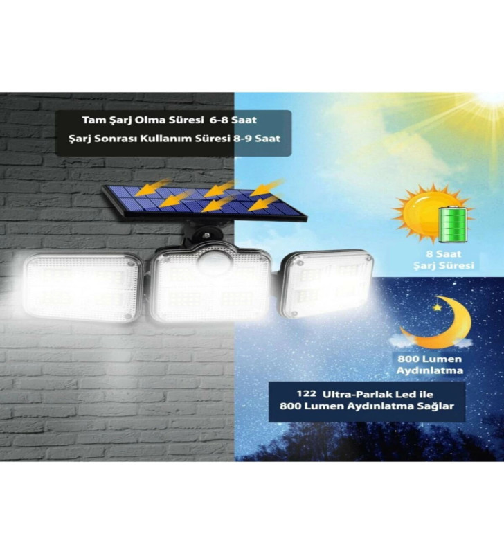 Kumandalı Solar Güneş Enerjili 122 Ledli Hareket Sensörlü Bahçe Aydınlatma Sokak Lambası - Lisinya