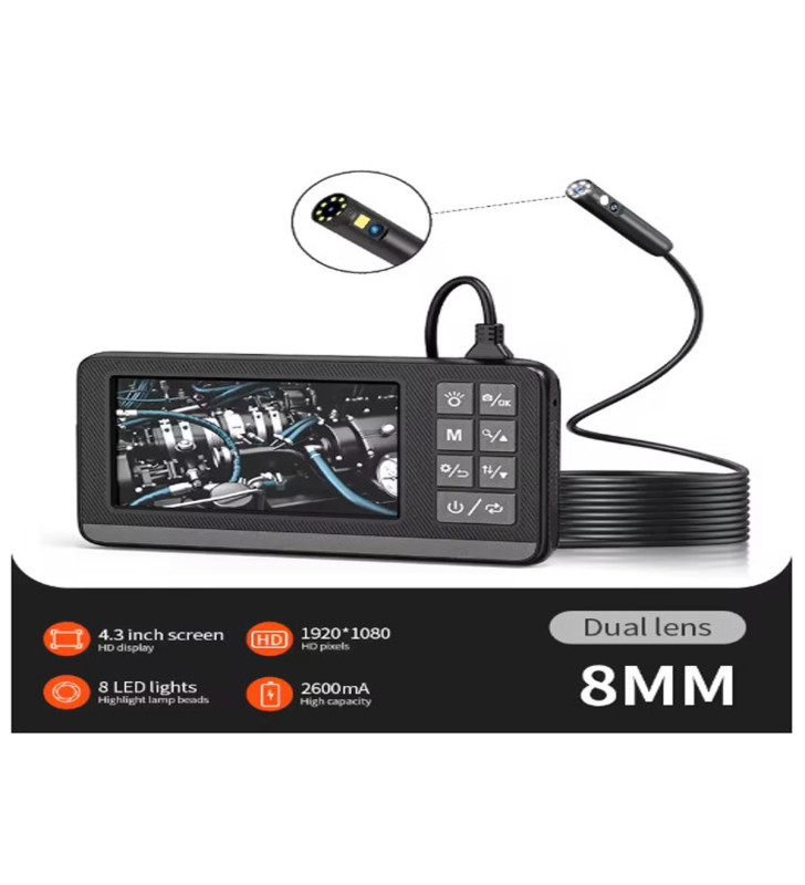 Ekranlı Çift Kameralı 5 Mt Sert Kablo Endoskop Kamera 8 Mm 4.3 Inc Hafıza Kart Destekli - Lisinya
