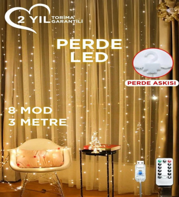 Lw-7 300 Ledli 10 Sarkıt Perde Led Işık, 8 Modlu Uzaktan Kumandalı, 3x3 Metre Peri Telli Led - Lisinya