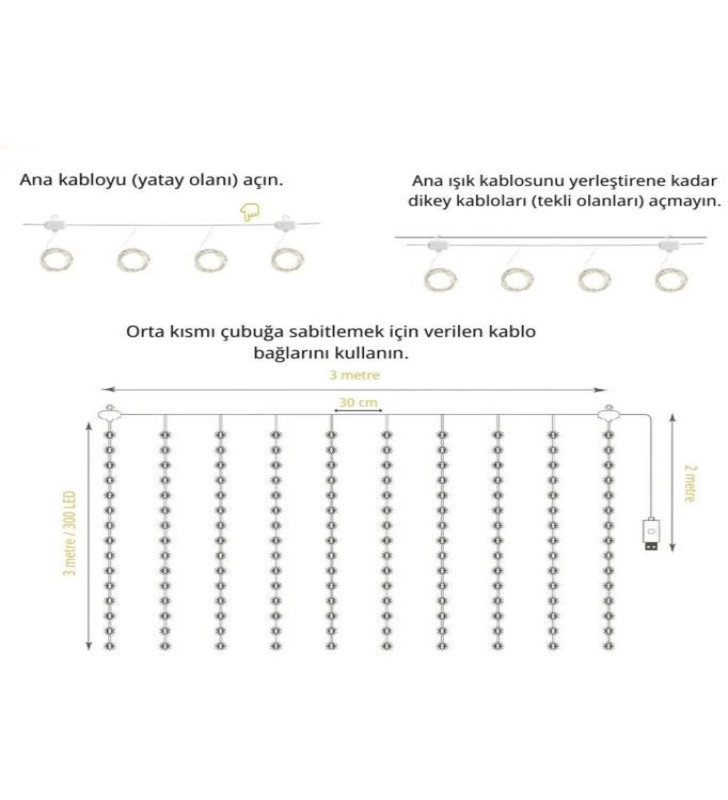 Lw-7 300 Ledli 10 Sarkıt Perde Led Işık, 8 Modlu Uzaktan Kumandalı, 3x3 Metre Peri Telli Led - Lisinya