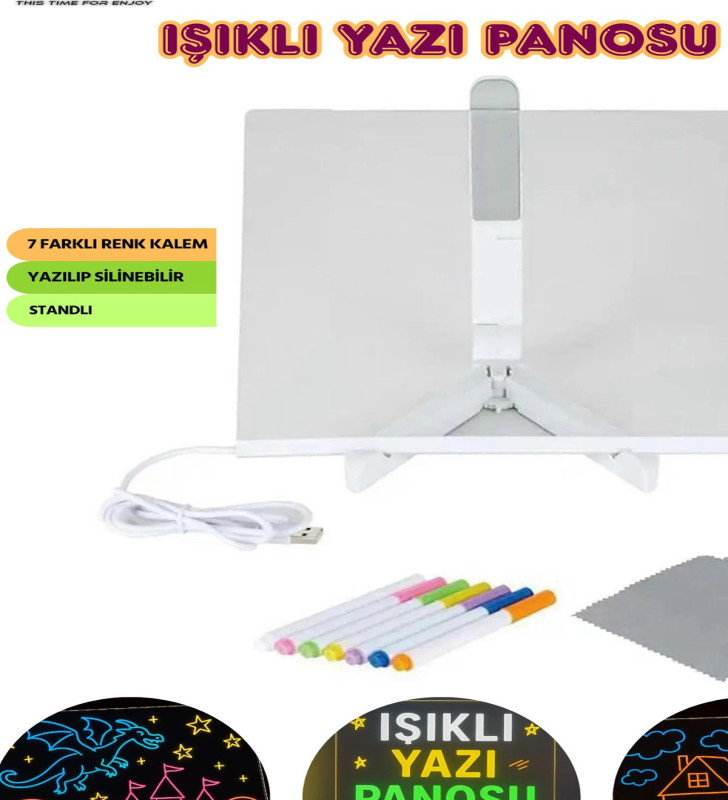 Neon Işıklı 7 Renk Işık Boyama Kalemli Led Resim Panosu Boyama Tahtası Kalemleri 20 X 20 - Lisinya