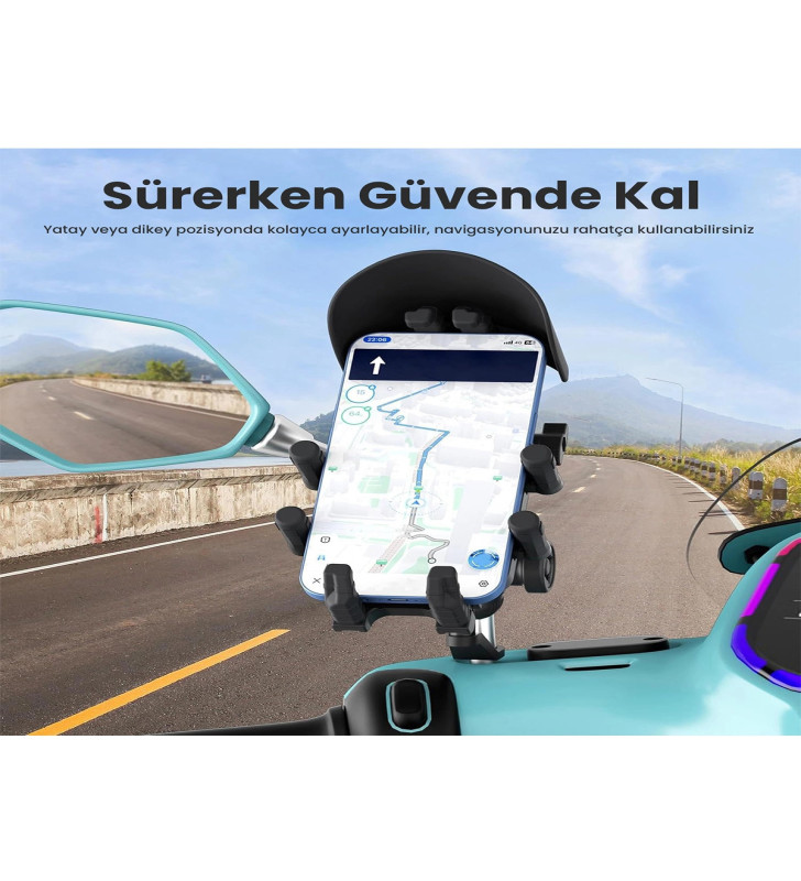 Ayna Bağlantılı Güneş Ve Yağmur Korumalı 360° Derece Ayarlanabilir Motosiklet Telefon Tutucu - Lisinya