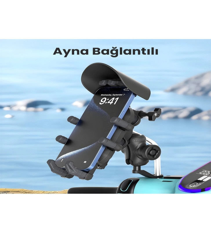 Ayna Bağlantılı Güneş Ve Yağmur Korumalı 360° Derece Ayarlanabilir Motosiklet Telefon Tutucu - Lisinya