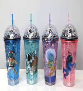 Sevimli Astronot Işıklı Pipetli Pullu Suluk & Bardak 400 Ml Alk3148 - Lisinya