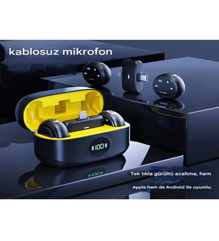 Kablosuz Profesyonel İkili Yayın Yaka Mikrofonu Şarj Kutu Mıknatıslı Typce Lightning Çıkış Mikrofon - Lisinya