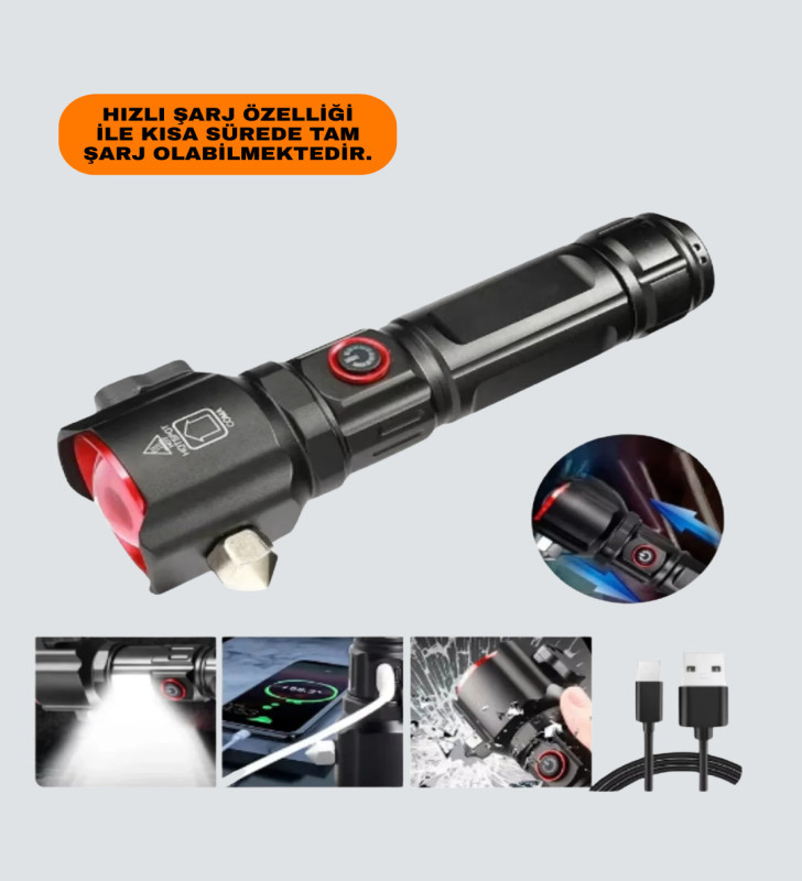 Çekiçli Pusulalı Acil Durum Feneri USB Şarjlı Çok Fonksiyonlu - Lisinya