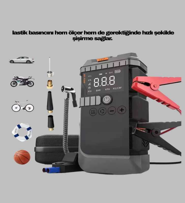 Araç İçin 4 Fonksiyonlu Akü Takviye ve Lastik Şişirme Cihazı - Lisinya