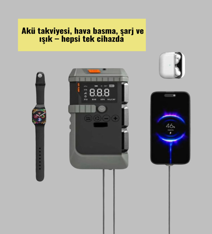 4’ü 1 Arada Powerbank Özellikli Araç Akü Şarj Takviye Cihazı - Lisinya