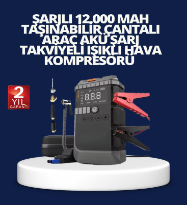 Şarjlı 12000 mAh Araç Akü Takviye ve Hava Kompresörü 4’ü 1 Arada - Lisinya