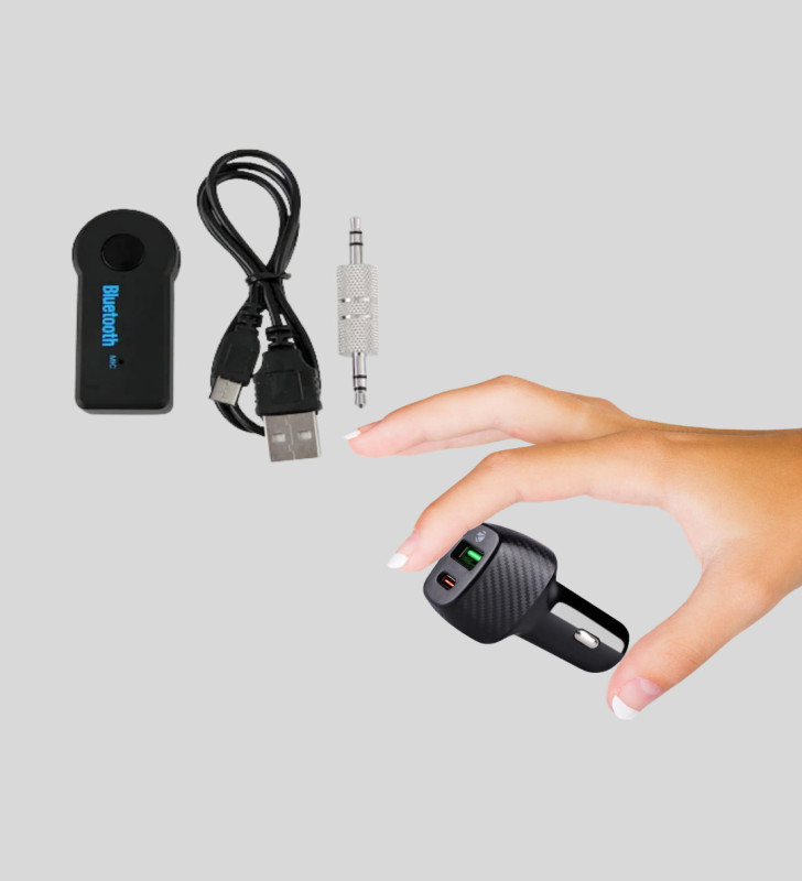 Bluetooth AUX Çevirici ve PD Destekli Araç Şarj Cihazı 2’li Set - Lisinya