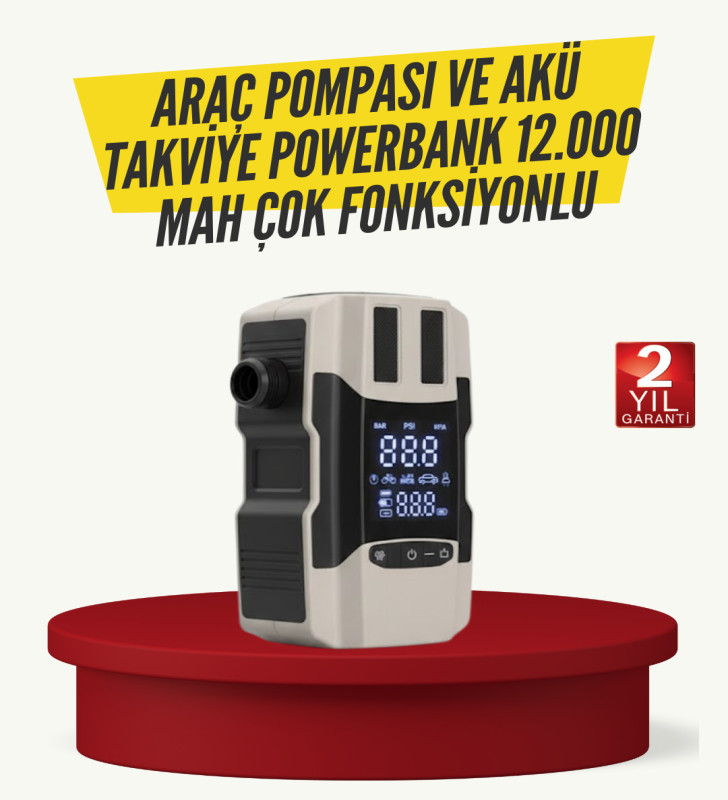 Araç Lastik Şişirme Pompası ve Akü Takviye Powerbank Bir Arada - Lisinya