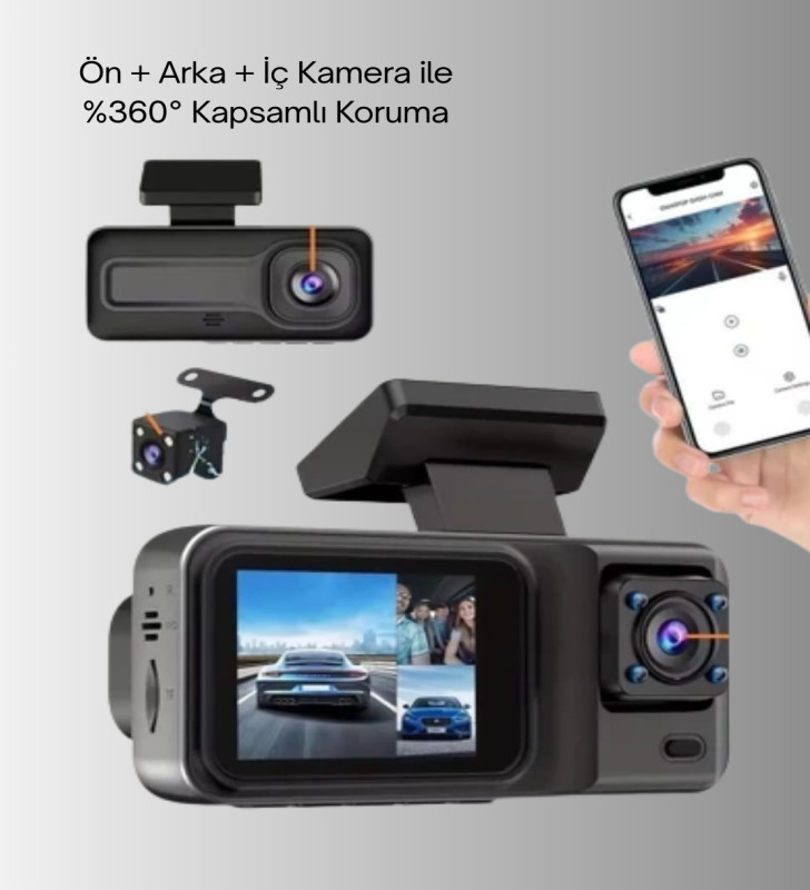 Ön Arka ve İç Kamera DashCam 360° Kapsamlı Full HD Araç Güvenlik Sistemi - Lisinya